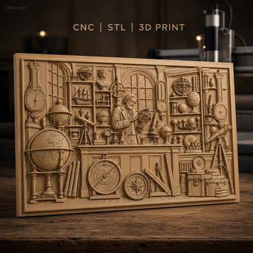Fichier CNC & impression 3D cabinet de curiosités scientifiques, globes, télescopes, outils de mesure haute qualité relief STL
