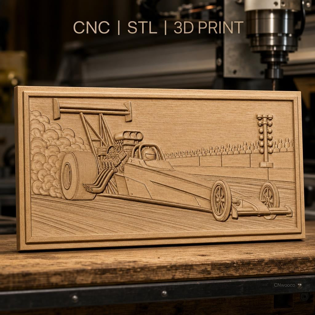 Fichier CNC & impression 3D voiture dragster, course, fumée et public, haute qualité relief STL
