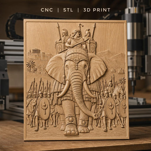 Fichier CNC & impression 3D armée antique avec éléphant de guerre, soldats et chevaux, haute qualité relief STL