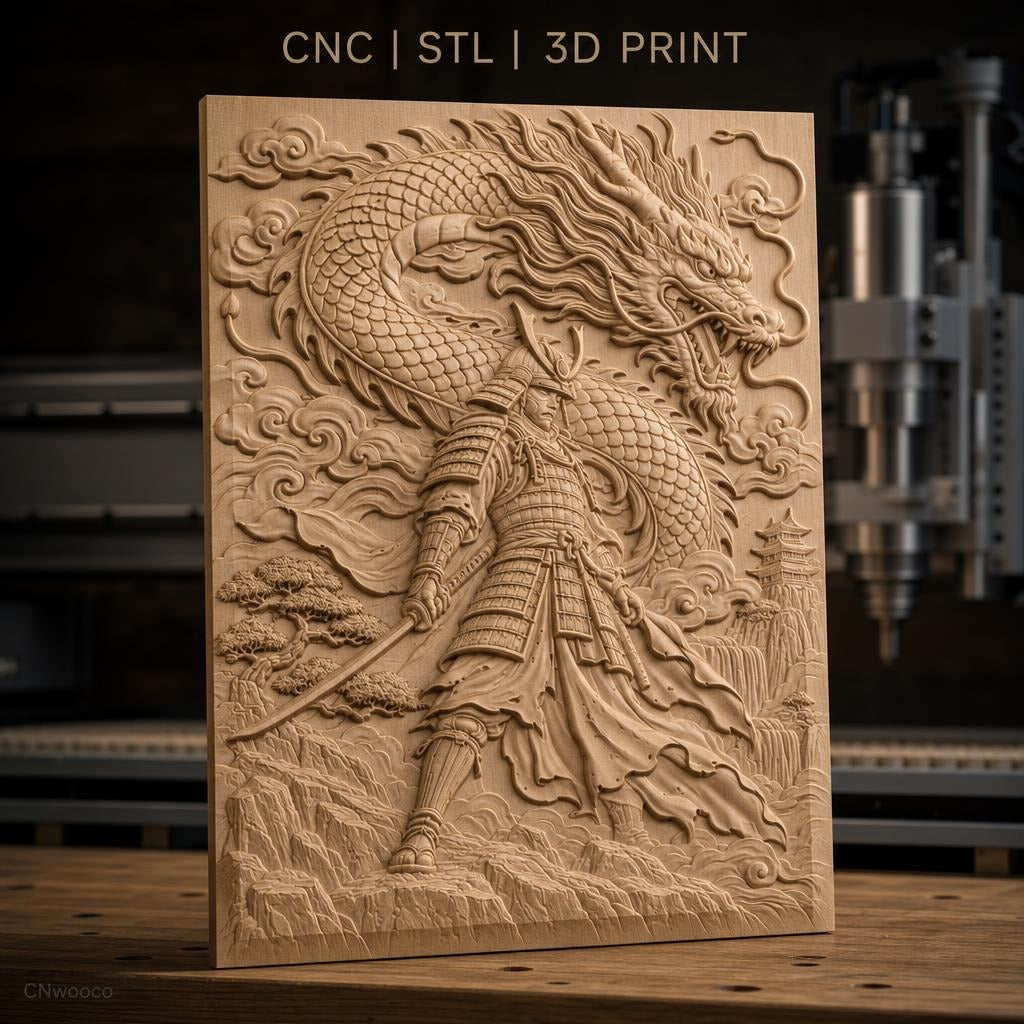 Fichier CNC & impression 3D samouraï et dragon japonais, guerrier en armure avec épée et paysage montagneux, haute qualité relief STL