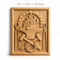 Fichier CNC & impression 3D forgeron, enclume, marteaux croisés, fer à cheval, pinces et feu, haute qualité relief STL