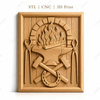 Fichier CNC & impression 3D forgeron, enclume, marteaux croisés, fer à cheval, pinces et feu, haute qualité relief STL