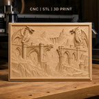 Fichier CNC & impression 3D dragons et ponts gothiques, ruines médiévales et montagnes, haute qualité relief STL