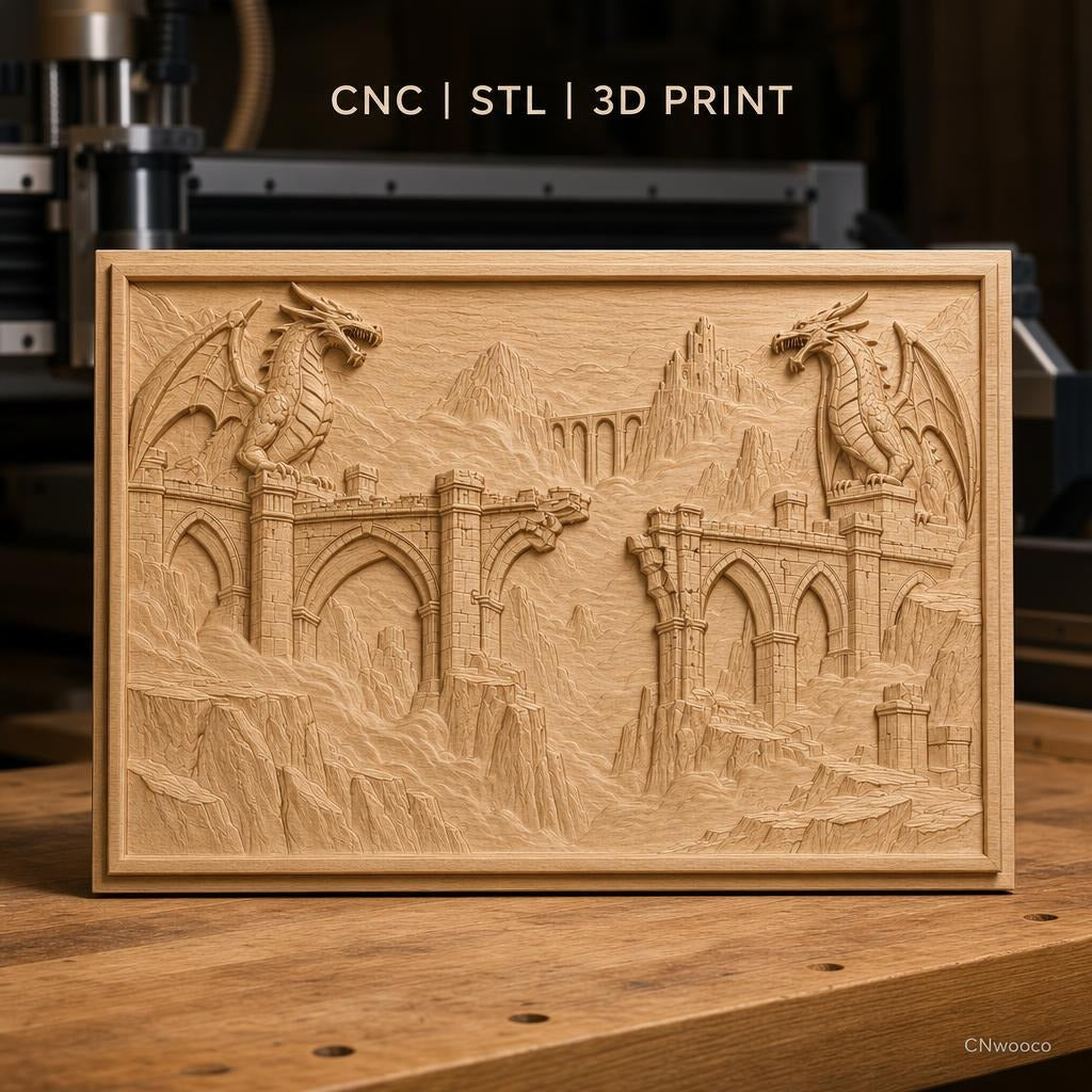 Fichier CNC & impression 3D dragons et ponts gothiques, ruines médiévales et montagnes, haute qualité relief STL