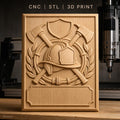 Fichier CNC & impression 3D casque pompier, haches croisées, bouclier, haute qualité relief STL