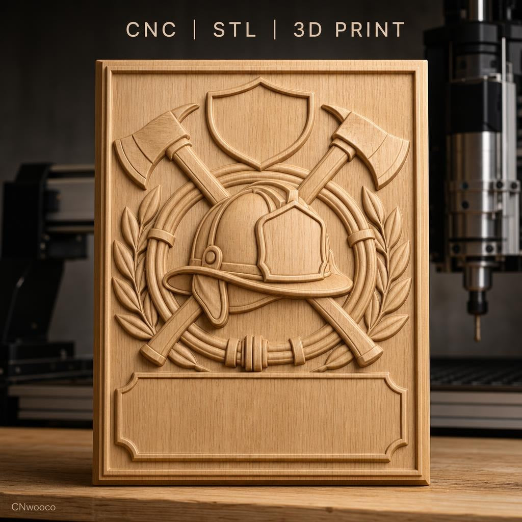 Fichier CNC & impression 3D casque pompier, haches croisées, bouclier, haute qualité relief STL