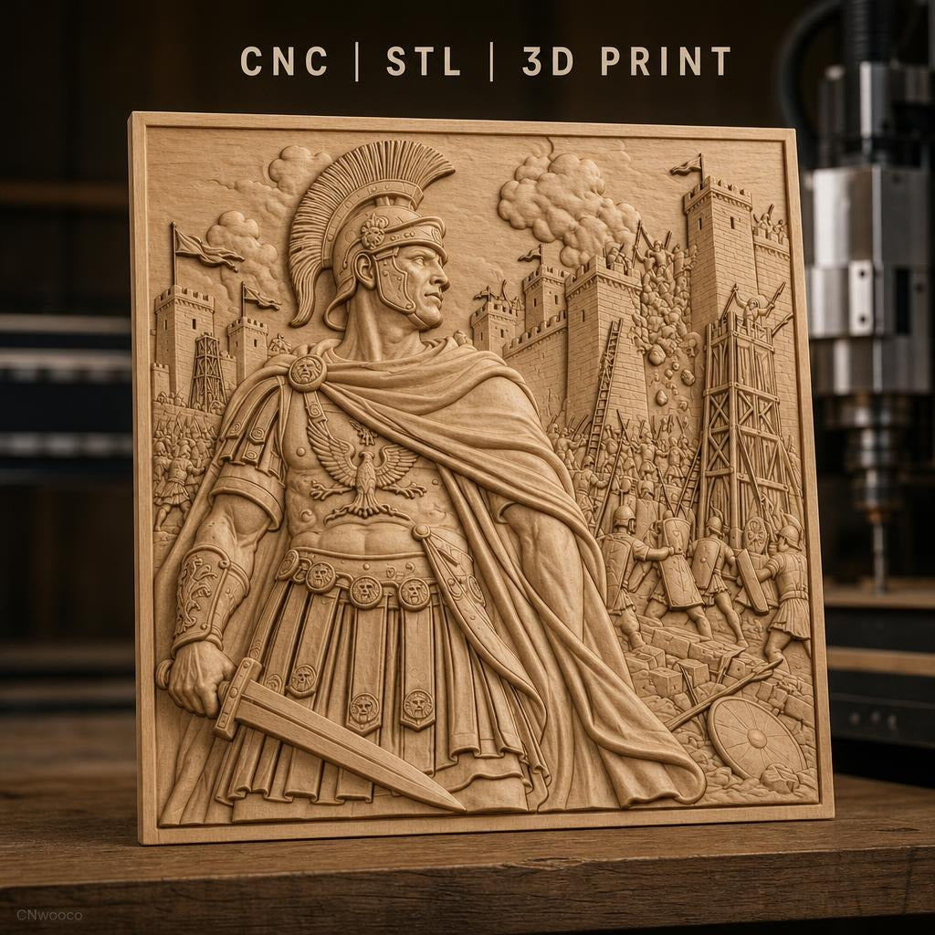 Fichier CNC & impression 3D empereur romain, bataille de siège avec soldats et catapultes, haute qualité relief STL