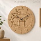 Fichier CNC & impression 3D horloge murale paysage japonais avec torii et Mont Fuji STL