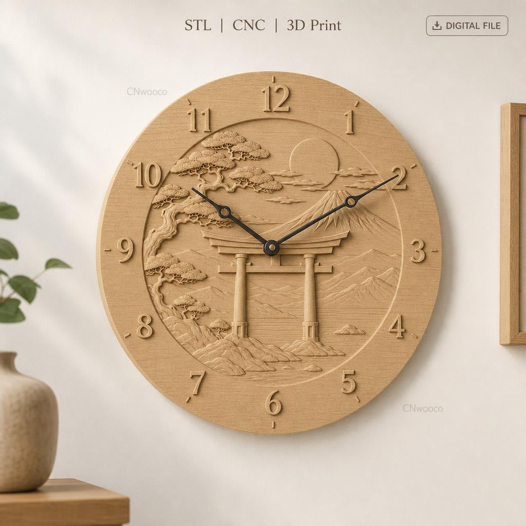Fichier CNC & impression 3D horloge murale paysage japonais avec torii et Mont Fuji STL