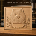 Fichier CNC & impression 3D portrait chien Pomeranian, cadre avec feuilles décoratives, haute qualité relief STL