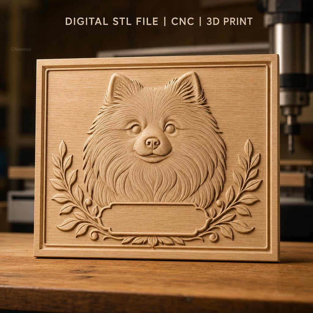 Fichier CNC & impression 3D portrait chien Pomeranian, cadre avec feuilles décoratives, haute qualité relief STL