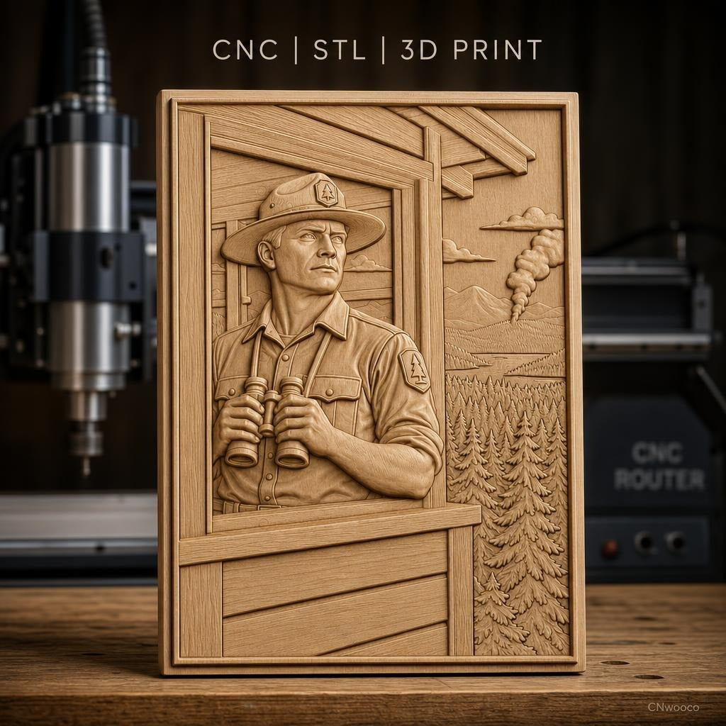 Fichier CNC & impression 3D garde forestier avec jumelles et incendie de forêt relief nature haute qualité relief STL