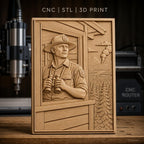 Fichier CNC & impression 3D garde forestier avec jumelles et incendie de forêt relief nature haute qualité relief STL