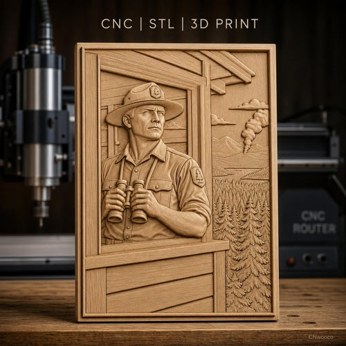 Fichier CNC & impression 3D garde forestier avec jumelles et incendie de forêt relief nature haute qualité relief STL