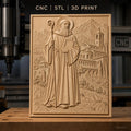 Fichier CNC & impression 3D Saint religieux avec bâton et paysage de montagne, haute qualité relief STL