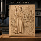 Fichier CNC & impression 3D Saint religieux avec bâton et paysage de montagne, haute qualité relief STL
