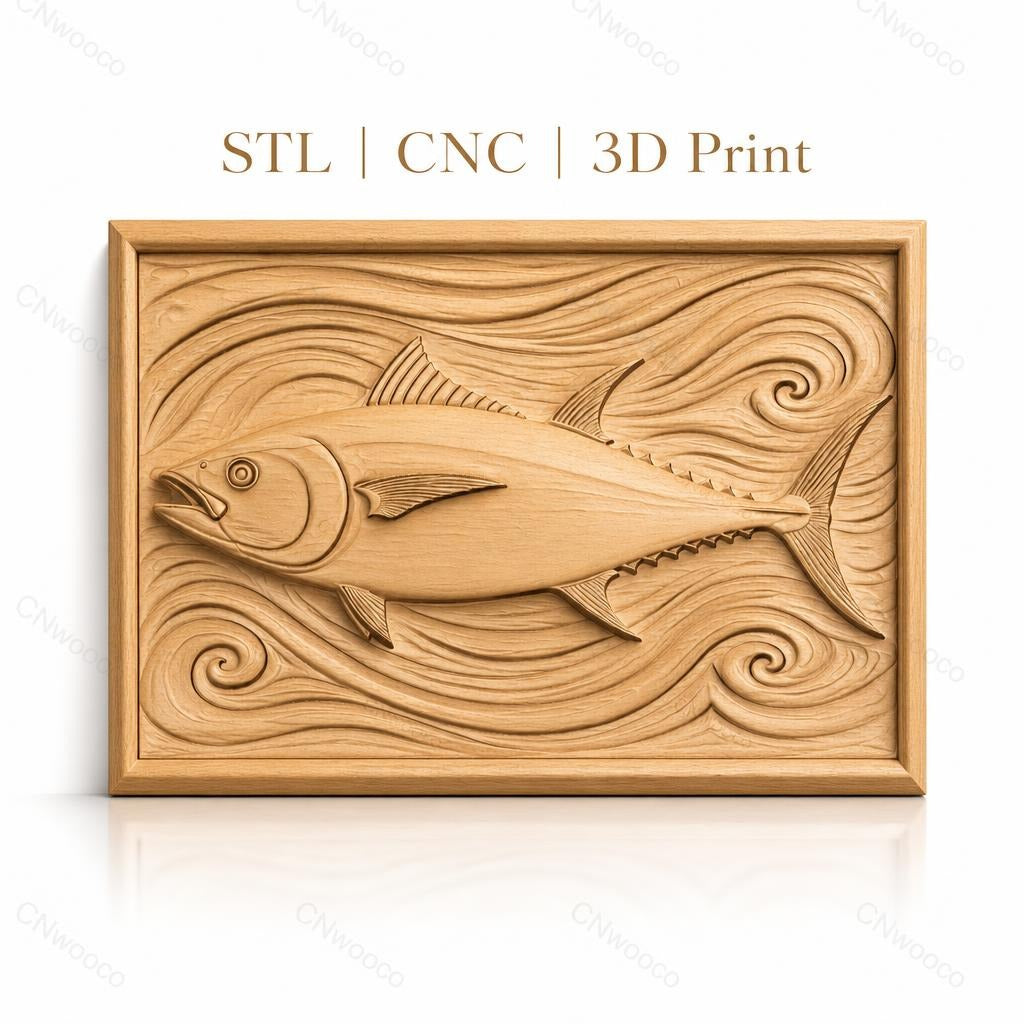 Fichier CNC & impression 3D poisson thon, relief avec vagues stylisées, haute qualité relief STL