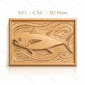 Fichier CNC & impression 3D poisson thon, relief avec vagues stylisées, haute qualité relief STL