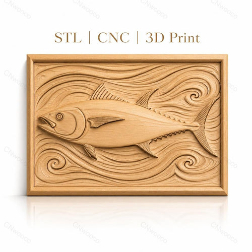 Fichier CNC & impression 3D poisson thon, relief avec vagues stylisées, haute qualité relief STL