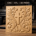 Fichier CNC & impression 3D Croix chrétienne, feuilles ornementales relief, haute qualité relief STL