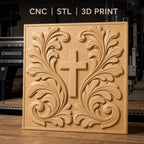 Fichier CNC & impression 3D Croix chrétienne, feuilles ornementales relief, haute qualité relief STL