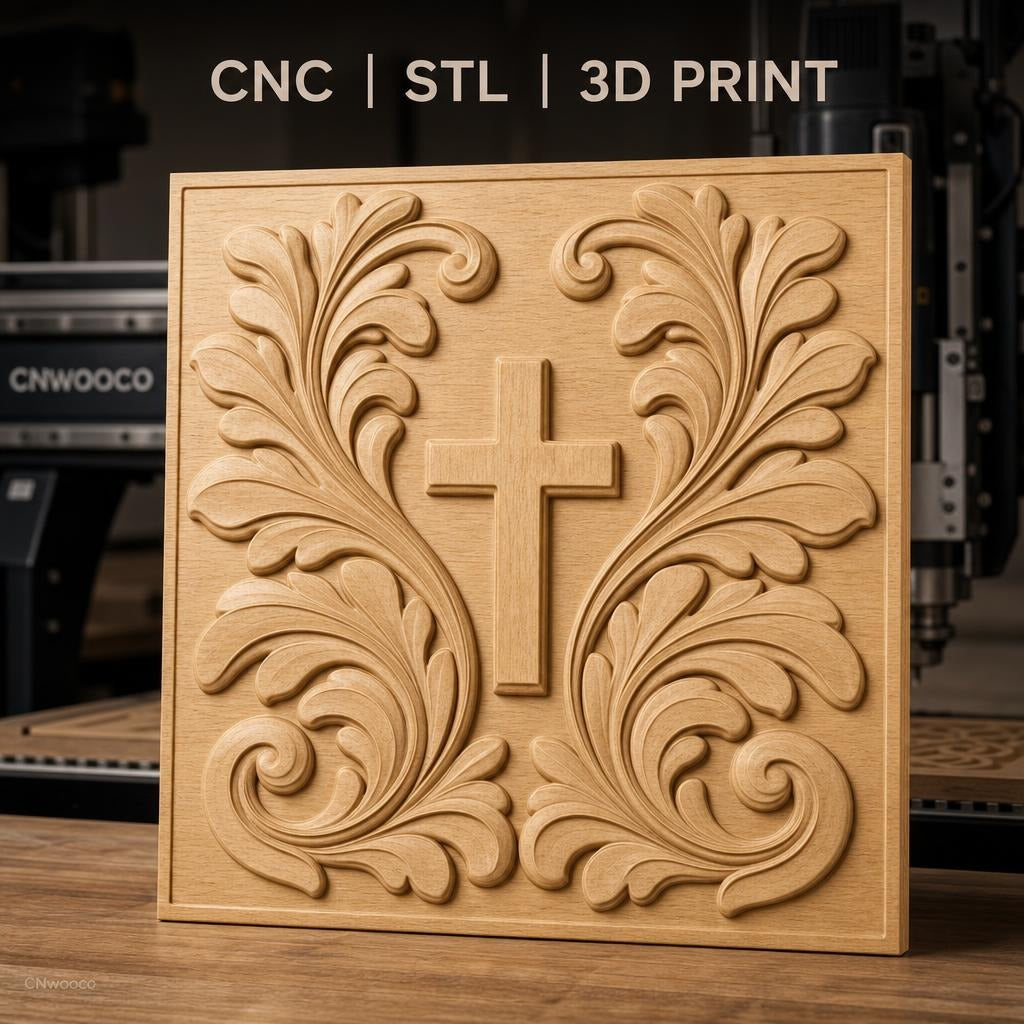 Fichier CNC & impression 3D Croix chrétienne, feuilles ornementales relief, haute qualité relief STL