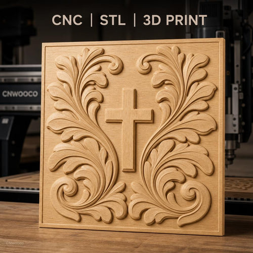 Fichier CNC & impression 3D Croix chrétienne, feuilles ornementales relief, haute qualité relief STL