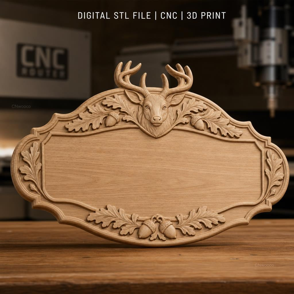 Fichier CNC & impression 3D enseigne décorative tête de cerf et glands, STL très haute qualité