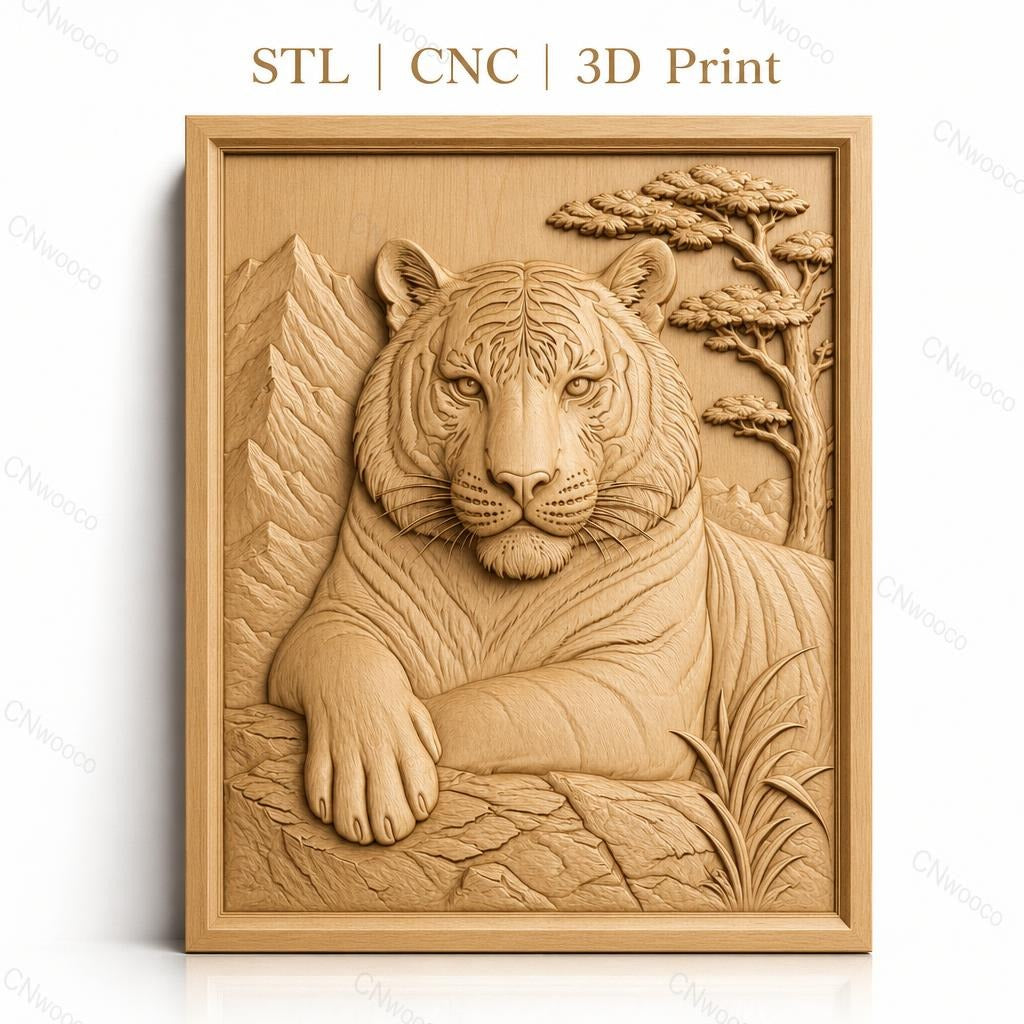 Fichier CNC & impression 3D tigre reposant, relief montagne arbre haute qualité relief STL