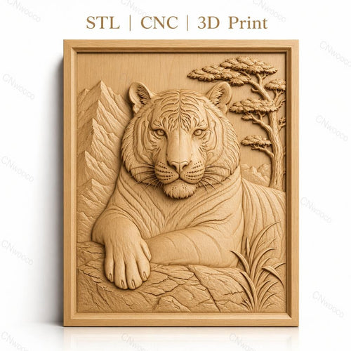 Fichier CNC & impression 3D tigre reposant, relief montagne arbre haute qualité relief STL