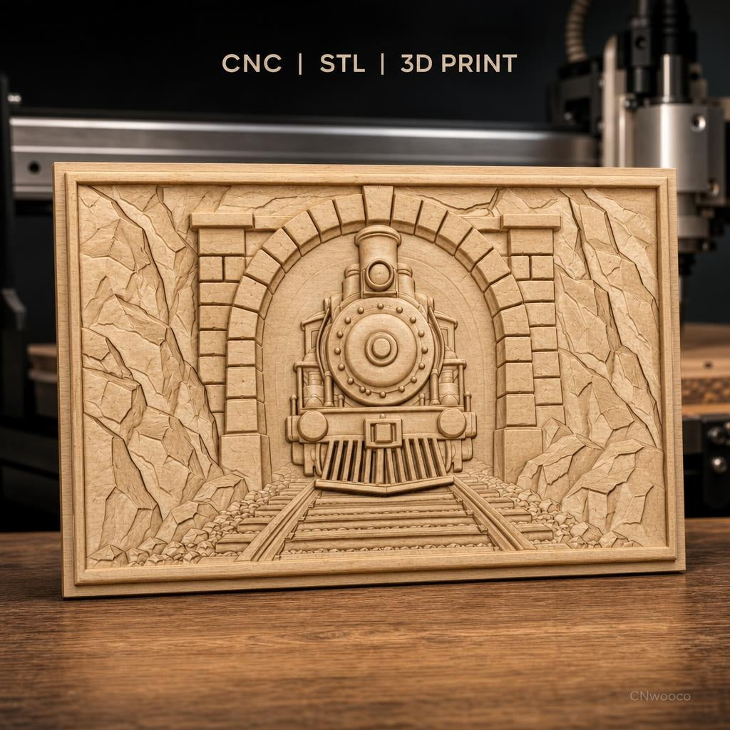 Fichier CNC & impression 3D train à vapeur sortie tunnel, rochers et voies ferrées, haute qualité relief STL