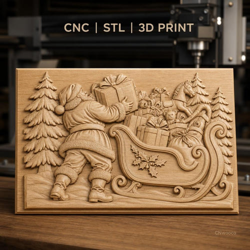 Fichier CNC & impression 3D Noël, Père Noël avec traîneau et cadeaux, haute qualité relief STL