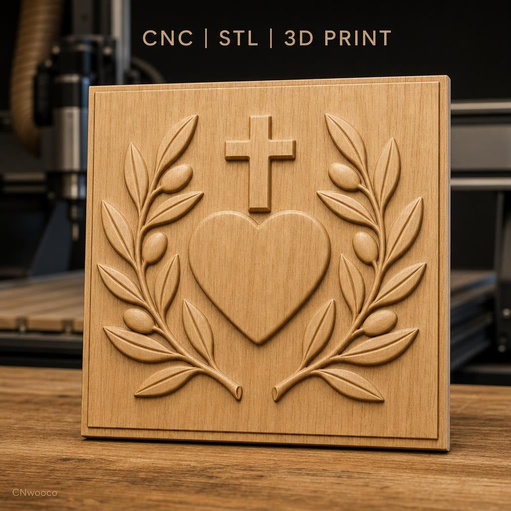 Fichier CNC & impression 3D cœur sacré, croix, branches d'olivier, haute qualité relief STL