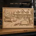 Fichier CNC & impression 3D maison de Noël, camion avec sapins, luge, boîte aux lettres, haute qualité relief STL