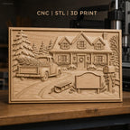 Fichier CNC & impression 3D maison de Noël, camion avec sapins, luge, boîte aux lettres, haute qualité relief STL