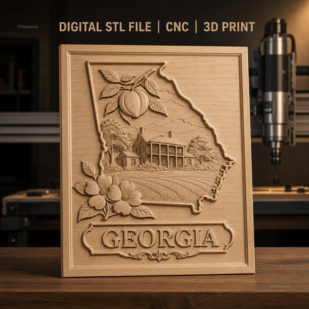 Fichier CNC & impression 3D carte de l'État de Géorgie, maison historique, pêche, fleur de cornouiller, haute qualité relief STL