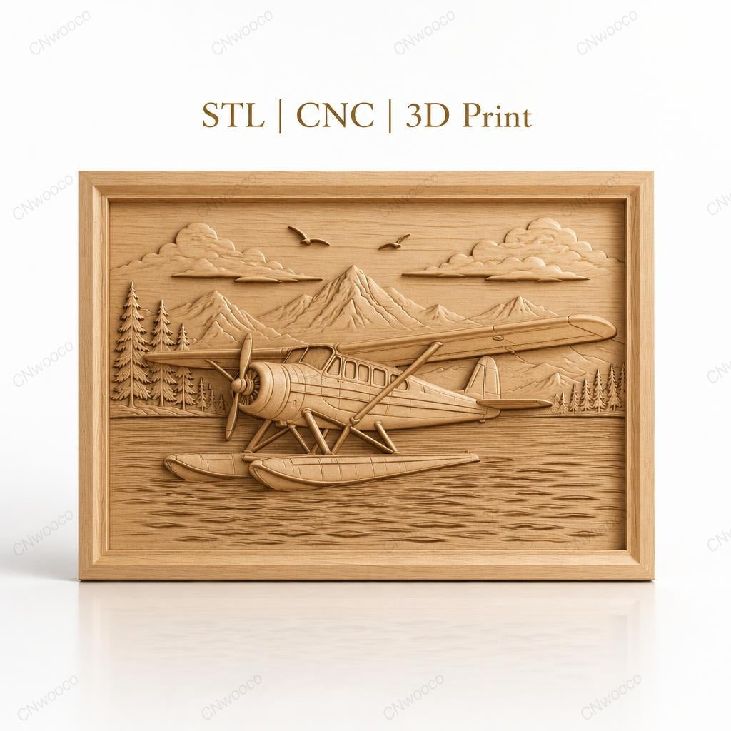 Fichier CNC & impression 3D hydravion sur lac, montagnes et forêts, haute qualité relief STL