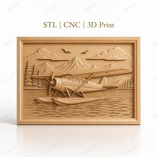 Fichier CNC & impression 3D hydravion sur lac, montagnes et forêts, haute qualité relief STL