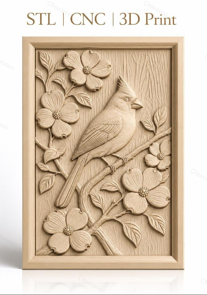 Fichier CNC & impression 3D oiseau cardinal sur branche fleurie, détails nature haute qualité relief STL