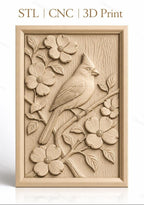 Fichier CNC & impression 3D oiseau cardinal sur branche fleurie, détails nature haute qualité relief STL