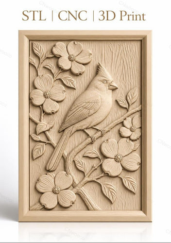 Fichier CNC & impression 3D oiseau cardinal sur branche fleurie, détails nature haute qualité relief STL