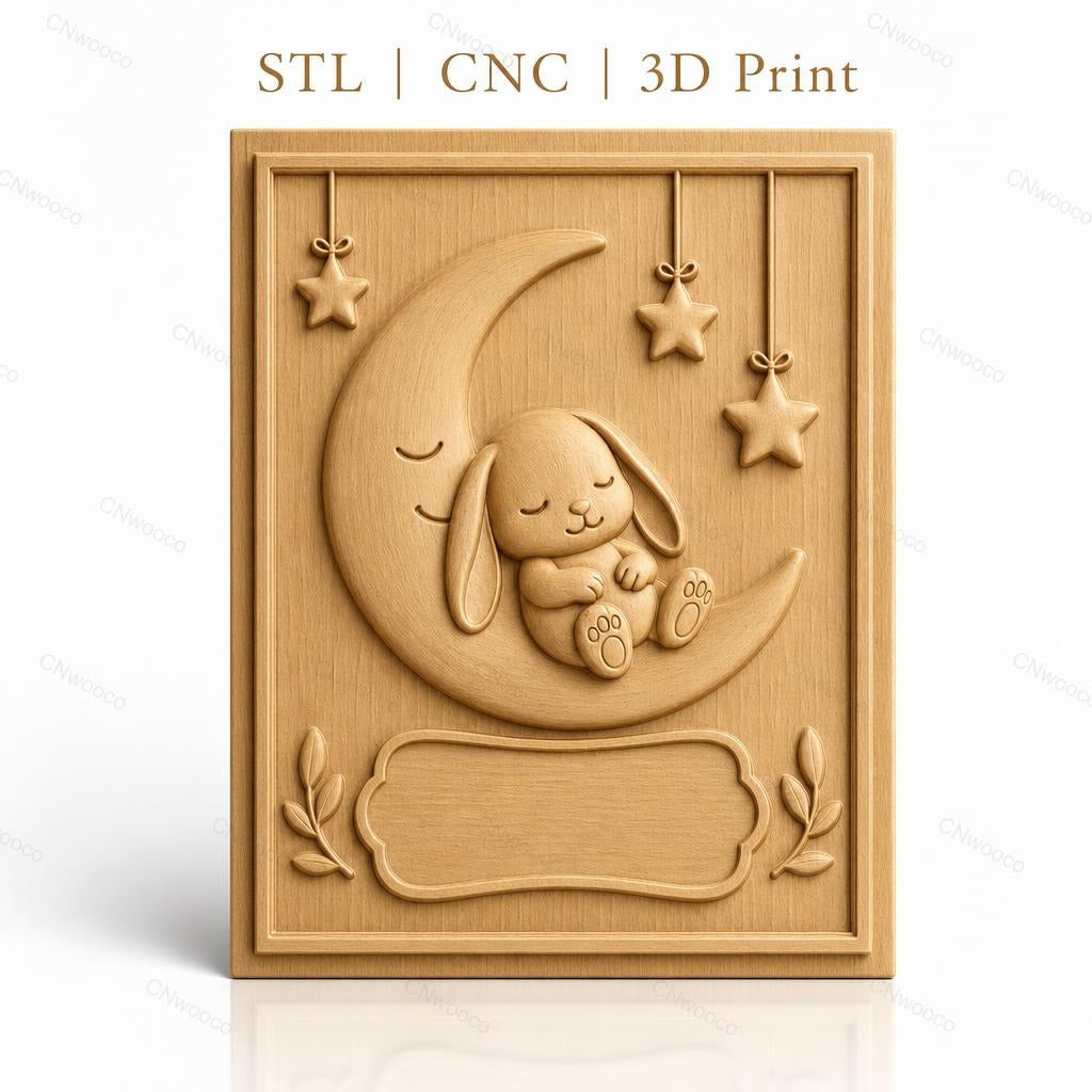 Fichier CNC & impression 3D bébé lapin sur lune avec étoiles, décoration murale relief, haute qualité relief STL