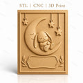 Fichier CNC & impression 3D bébé lapin sur lune avec étoiles, décoration murale relief, haute qualité relief STL