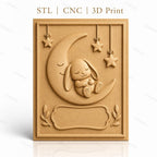 Fichier CNC & impression 3D bébé lapin sur lune avec étoiles, décoration murale relief, haute qualité relief STL