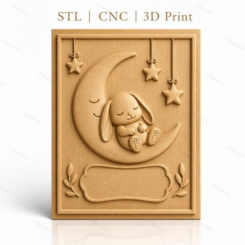 Fichier CNC & impression 3D bébé lapin sur lune avec étoiles, décoration murale relief, haute qualité relief STL
