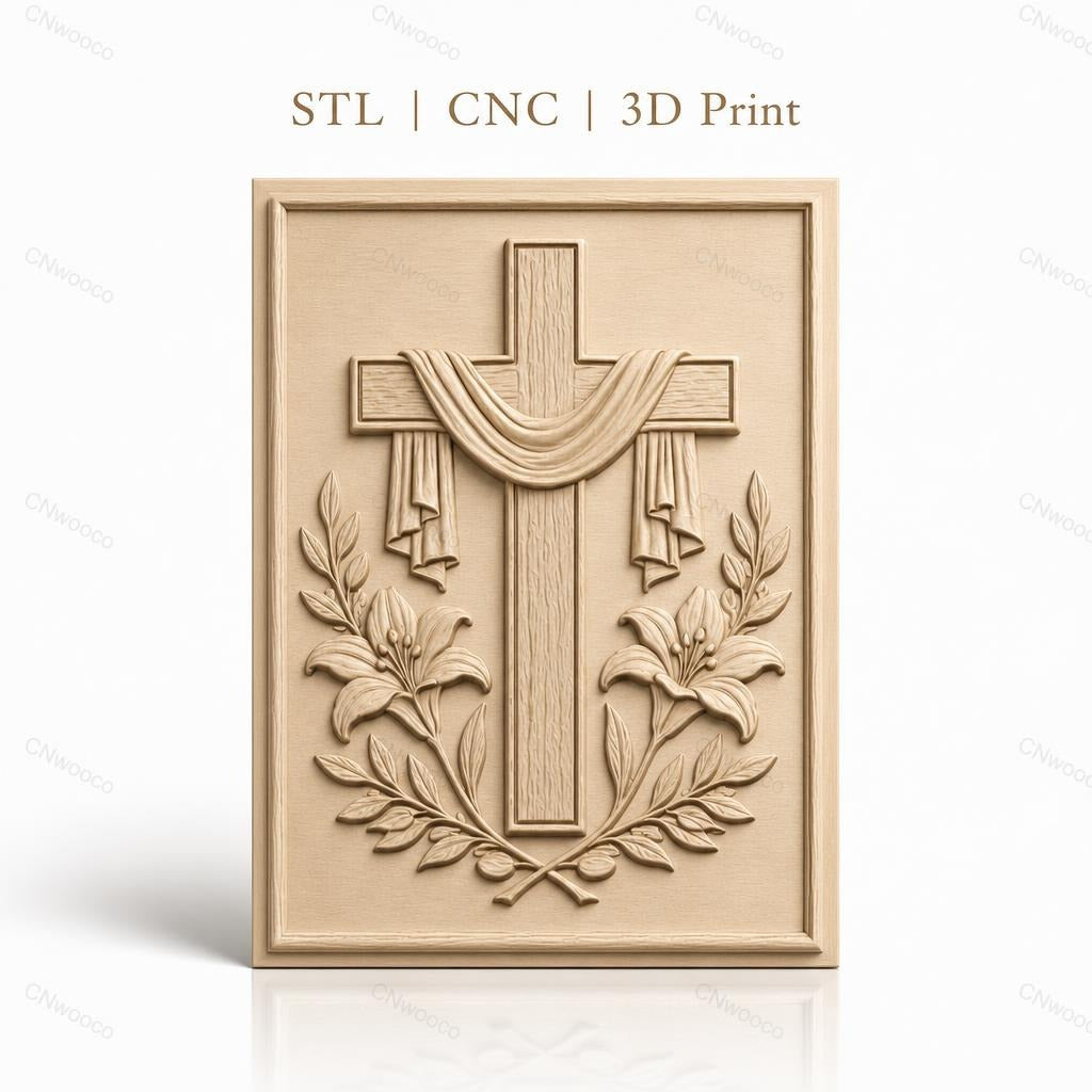 Fichier CNC & impression 3D Croix religieuse avec fleurs et drapé, haute qualité relief STL