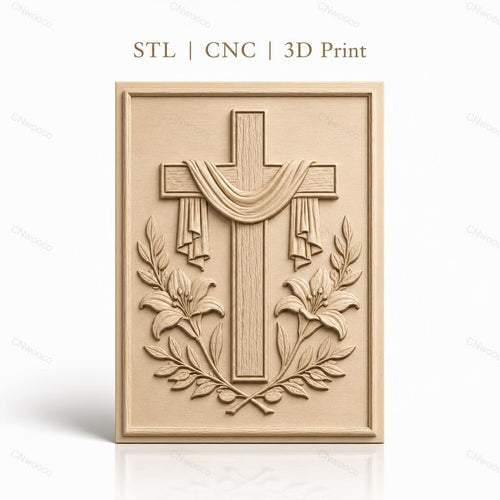 Fichier CNC & impression 3D Croix religieuse avec fleurs et drapé, haute qualité relief STL