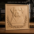 Fichier CNC & impression 3D chien Rottweiler portrait avec cadres et feuilles, haute qualité relief STL
