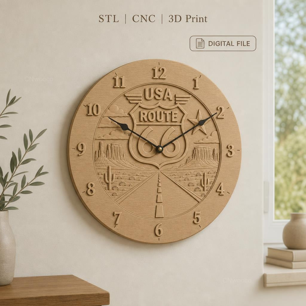 Fichier CNC & impression 3D horloge murale Route 66 USA paysage désert STL