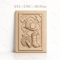 Fichier CNC & impression 3D thème pompier, casque, bottes, hache, tuyau d'incendie, haute qualité relief STL